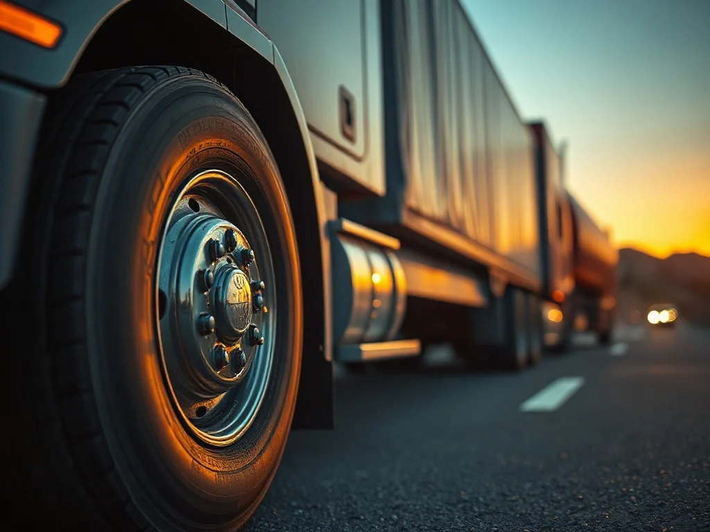 Ciężarówka zaparkowana na autostradzie podczas zachodu słońca, z widocznym zbliżeniem na oponę pojazdu.