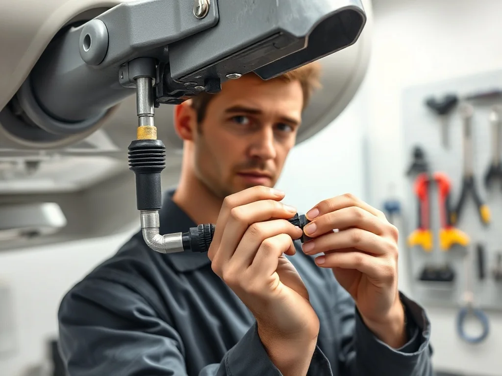 Mechanik sprawdza stan techniczny zaczepu i instalacji elektrycznej przyczepy kempingowej w profesjonalnym warsztacie.