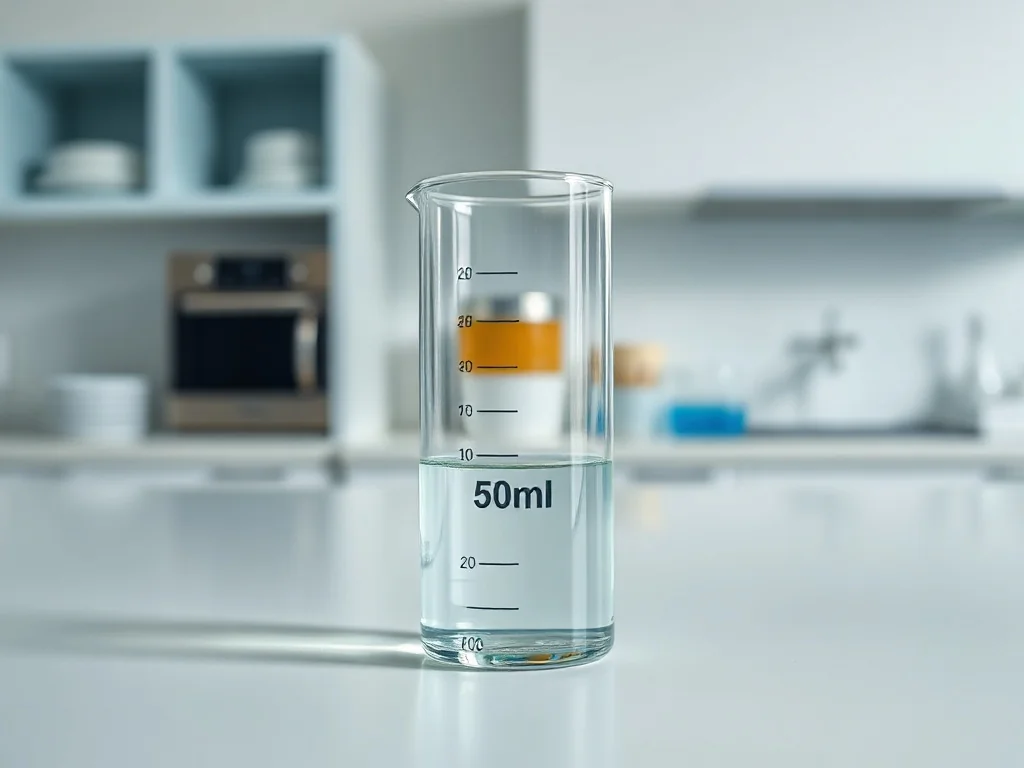 Szklany cylinder miarowy z płynem odmierzonym dokładnie do poziomu 50 ml na laboratoryjnym stole.