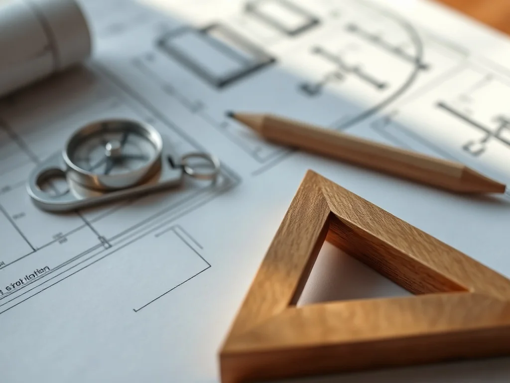 Ekierka kreślarska spoczywająca na planie architektonicznym, podkreślająca precyzyjny kąt prosty.