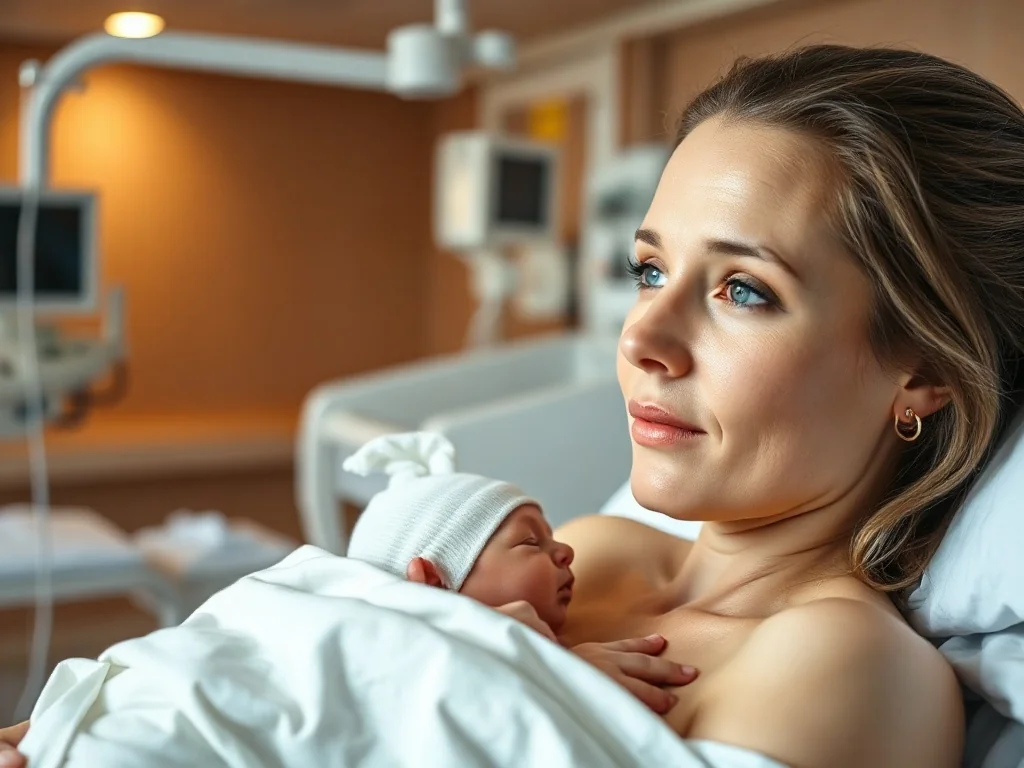 Uśmiechnięta kobieta trzymająca noworodka w przytulnej sali porodowej. Obraz ilustruje szczęśliwe zakończenie porodu.